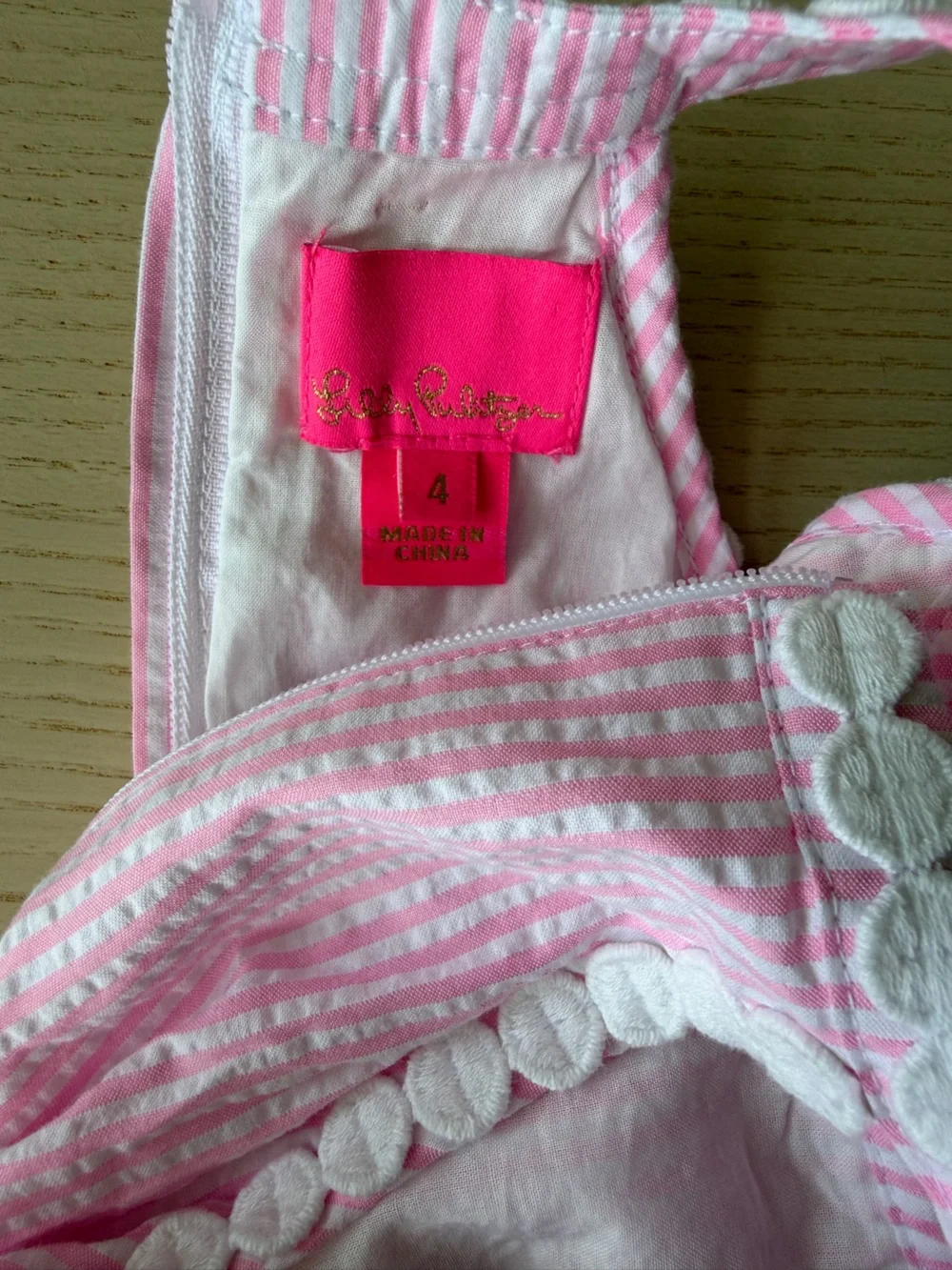 Lilly Pulitzer Girls Pink White Striped Tiered Dress Lace Bib Size 4